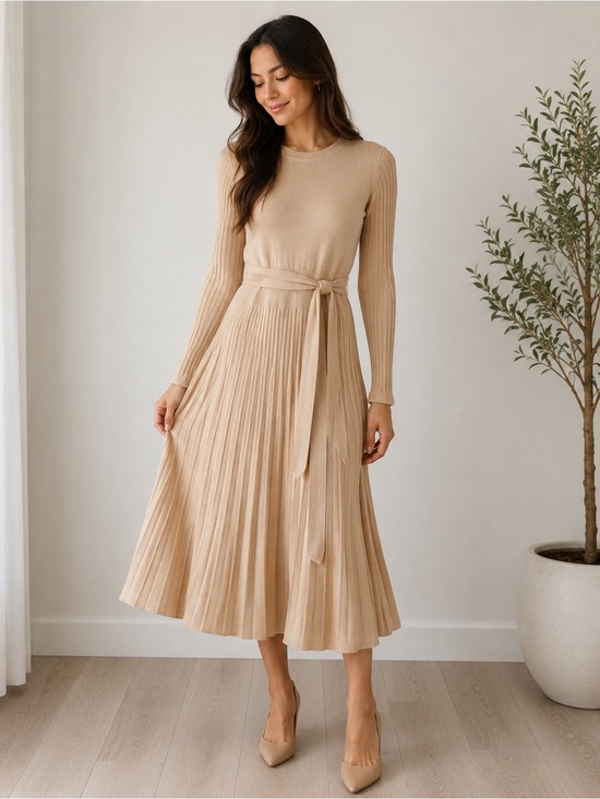 Dresses & Skirts - Pleated Knit Midi Dress in Beige